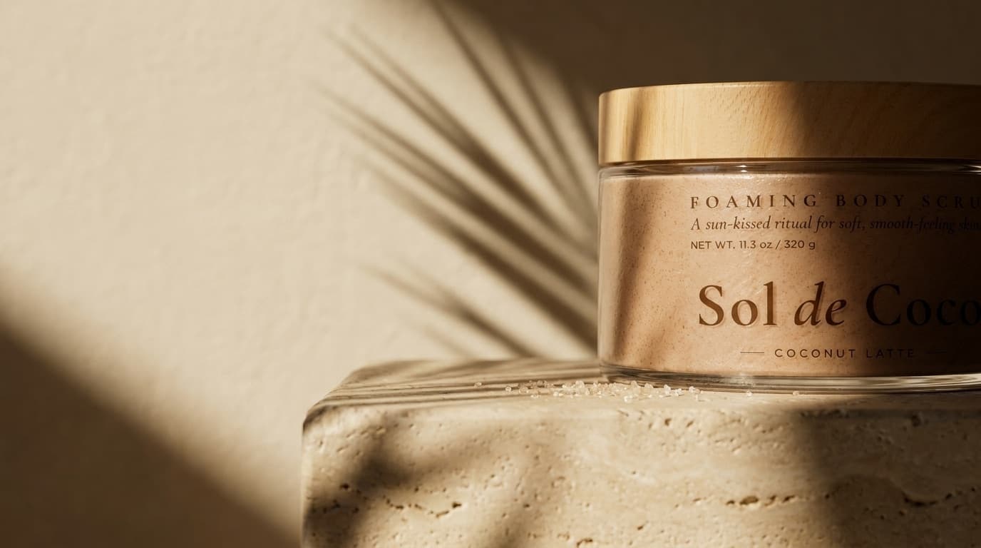 A jar of Coconut Latte on a travertine ledge with scattered sugar, lit by low afternoon sun with a palm shadow behind it.