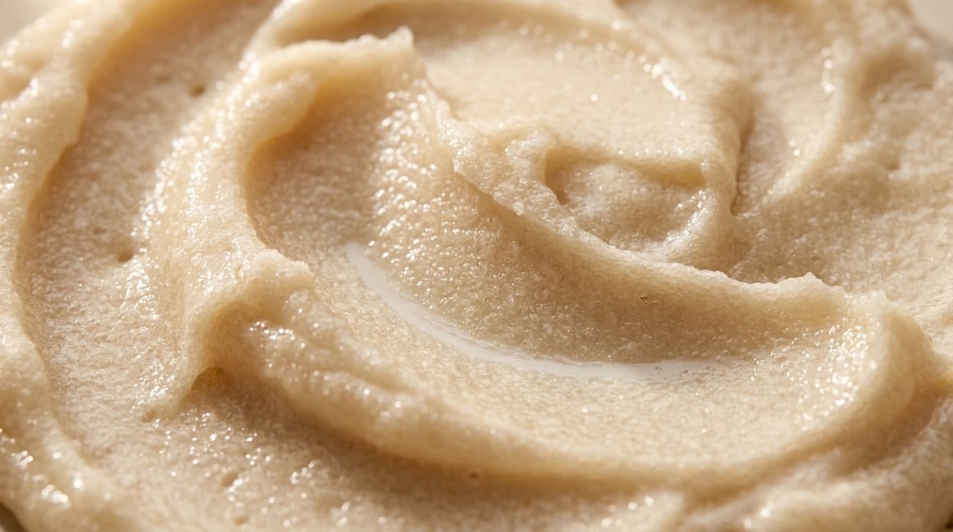 Extreme close view of whipped sugar scrub, showing fine crystals suspended in soft butter and catching warm side light.