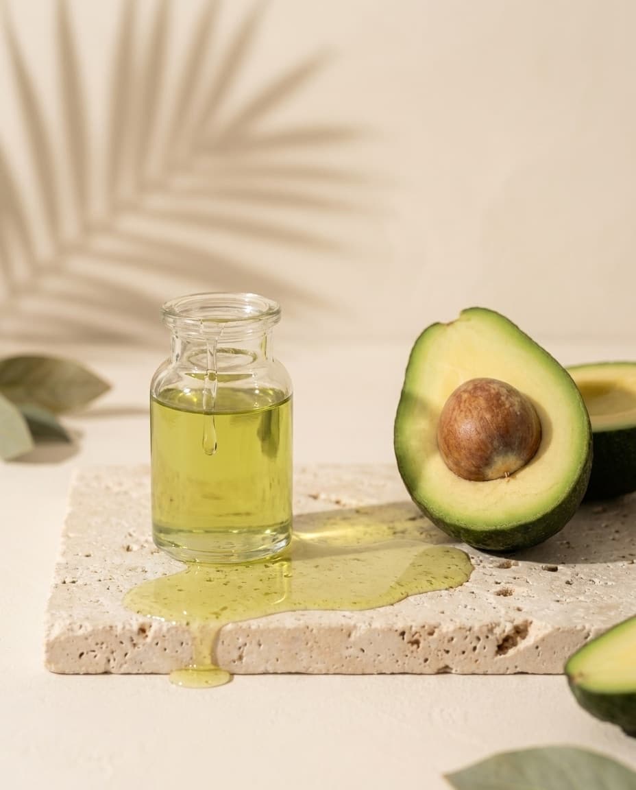 A glass bottle of green avocado oil pouring onto travertine, beside a halved avocado and eucalyptus leaves.