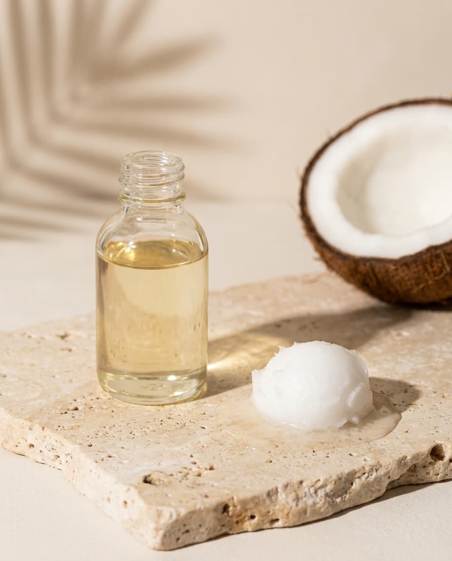 A glass bottle of clear coconut oil and a spoonful of solid white coconut oil on travertine, with half a coconut behind.