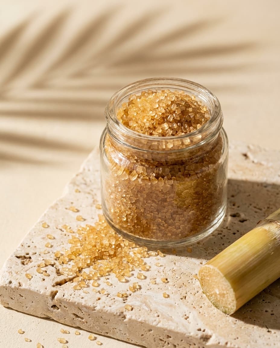 A glass jar of golden raw sugar spilling onto a travertine slab, with a cut length of sugar cane beside it and a palm shadow behind.
