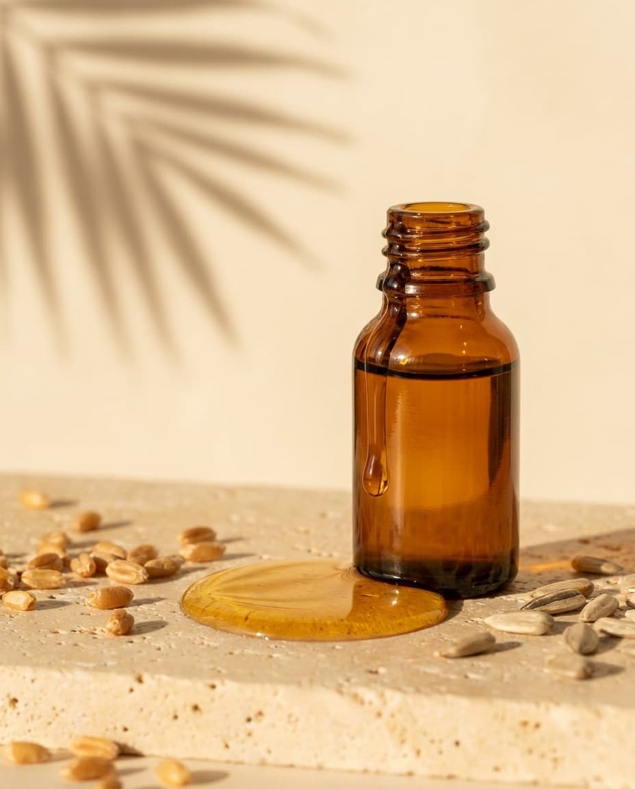 An amber glass bottle of vitamin E oil on travertine, with a golden pool of oil, scattered seeds and a palm shadow behind.