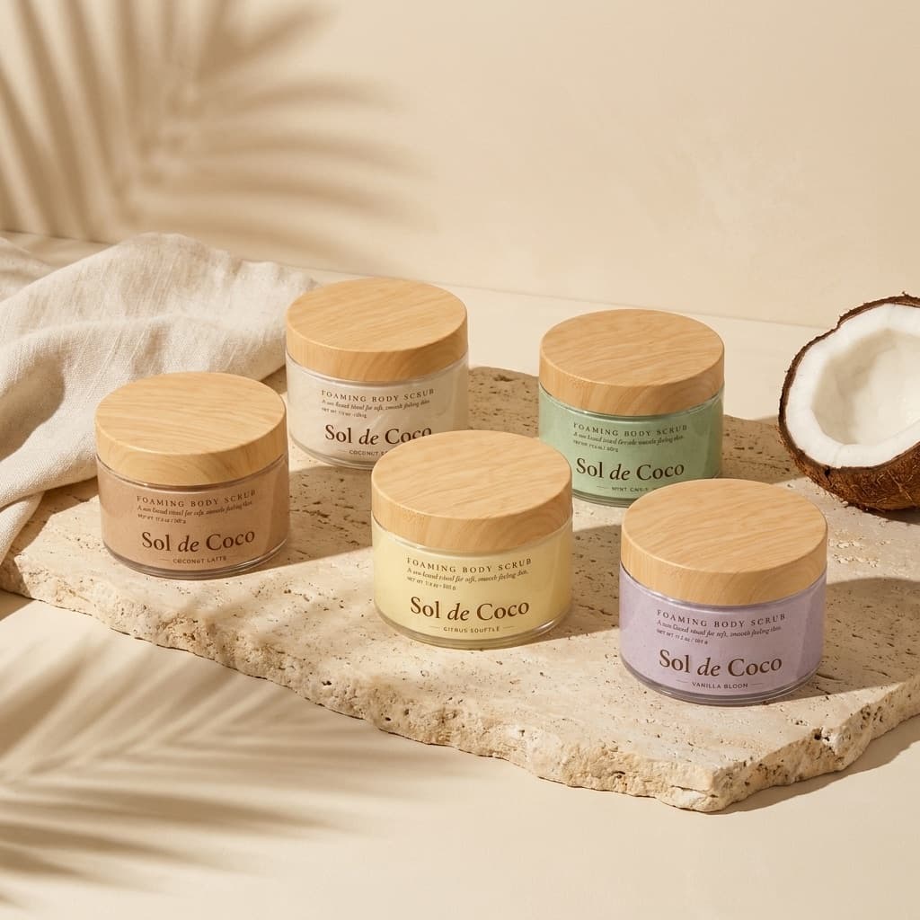 All five Sol de Coco scrubs arranged on a travertine slab beside a half coconut and cream linen, with a palm shadow across the wall behind.