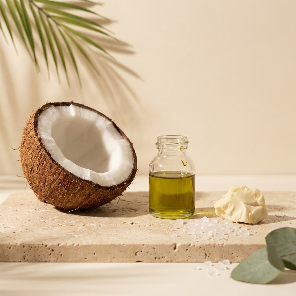 A half coconut, a small glass bottle of oil, a piece of shea butter and scattered sugar crystals on travertine, under a palm frond.