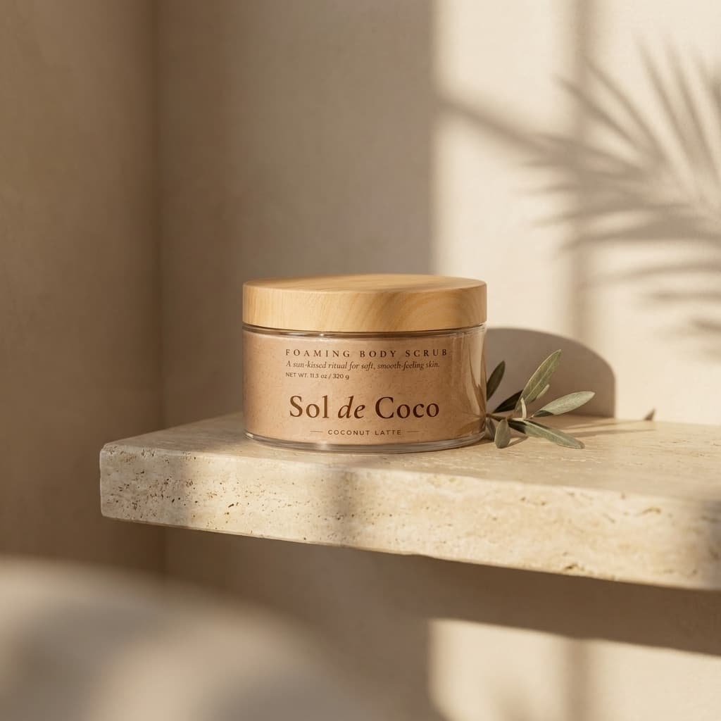 A jar of Coconut Latte on a travertine ledge with an olive sprig, lit by afternoon sun with palm shadows on the wall.
