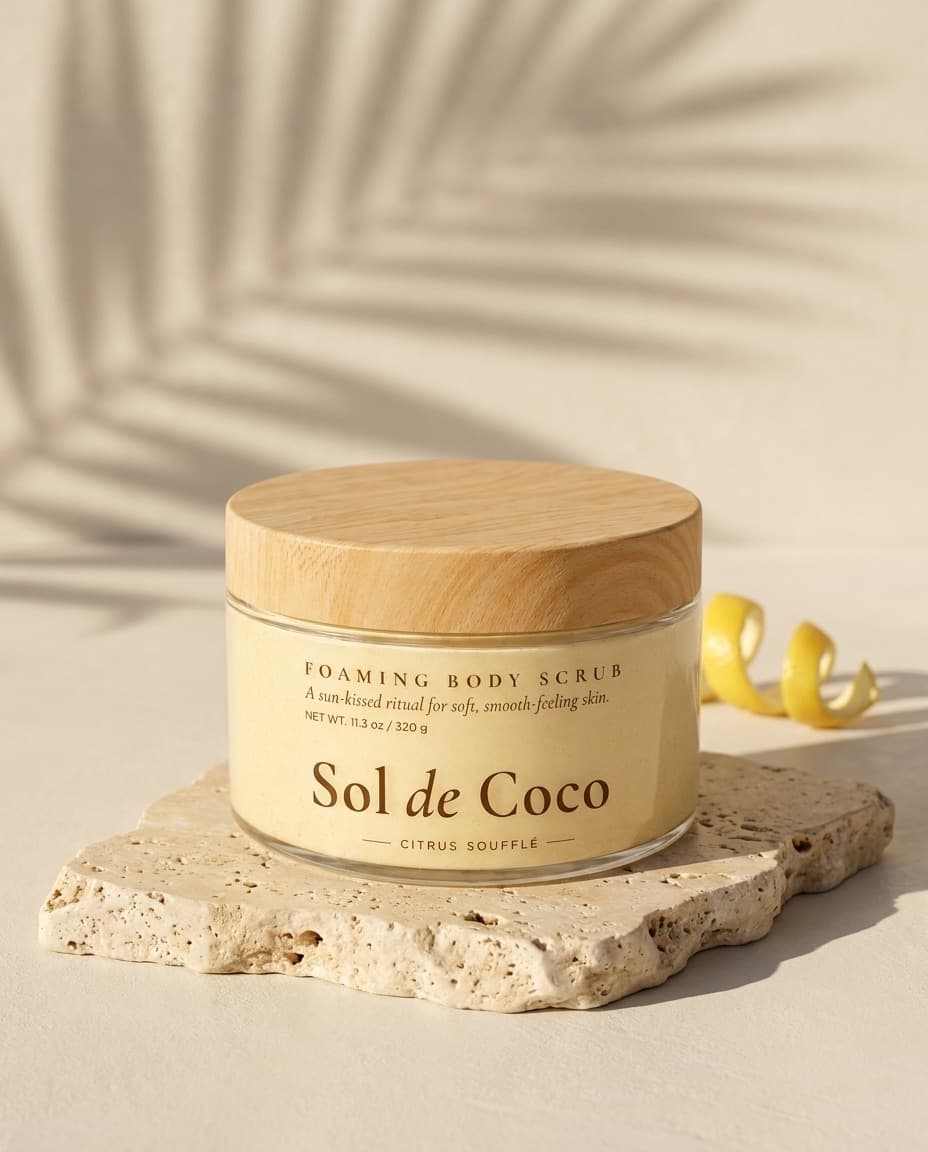 A closed jar of Sol de Coco Citrus Soufflé with its bamboo lid, on a travertine slab beside half a coconut, with a palm shadow across the wall behind.
