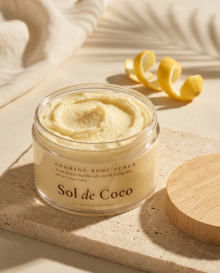 An open jar of Sol de Coco Citrus Soufflé with its bamboo lid resting against it, on travertine with cream linen and half a coconut.