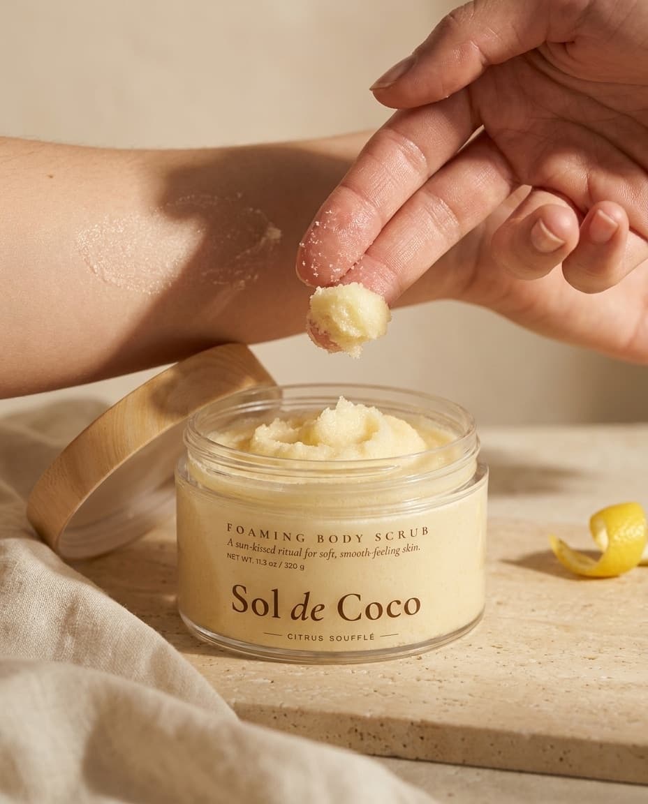A hand lifting a fingerful of Sol de Coco Citrus Soufflé from the open jar, with a swatch of scrub on the forearm behind.