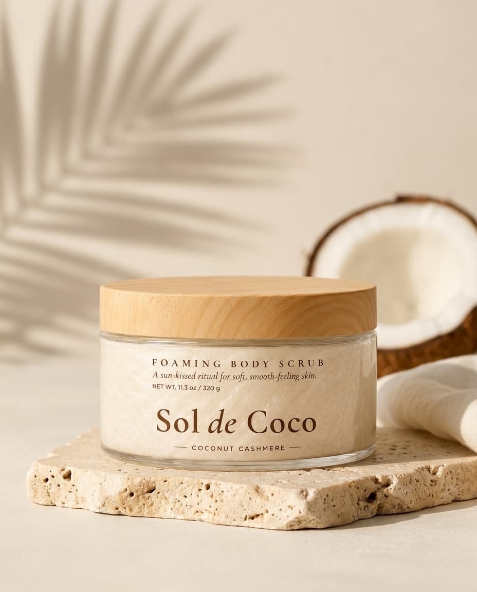 A closed jar of Sol de Coco Coconut Cashmere with its bamboo lid, on a travertine slab beside half a coconut, with a palm shadow across the wall behind.