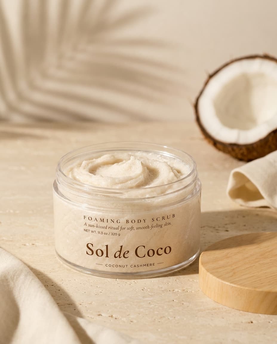 An open jar of Sol de Coco Coconut Cashmere with its bamboo lid resting against it, on travertine with cream linen and half a coconut.