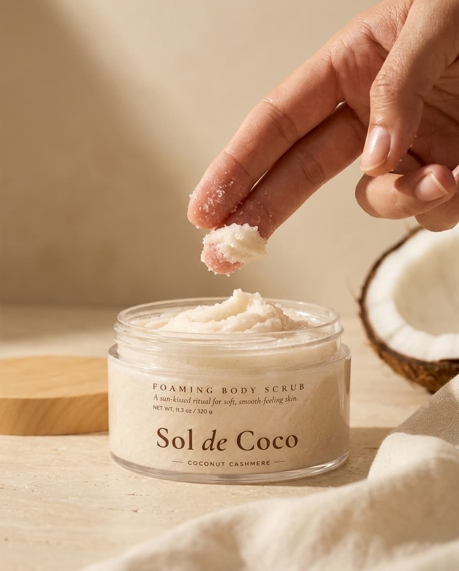A hand lifting a fingerful of Sol de Coco Coconut Cashmere from the open jar, with a swatch of scrub on the forearm behind.