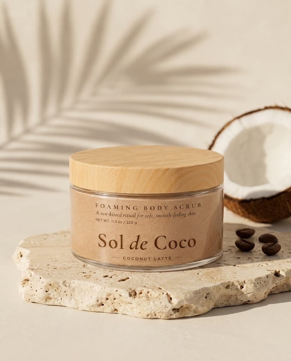 A closed jar of Sol de Coco Coconut Latte with its bamboo lid, on a travertine slab beside half a coconut, with a palm shadow across the wall behind.