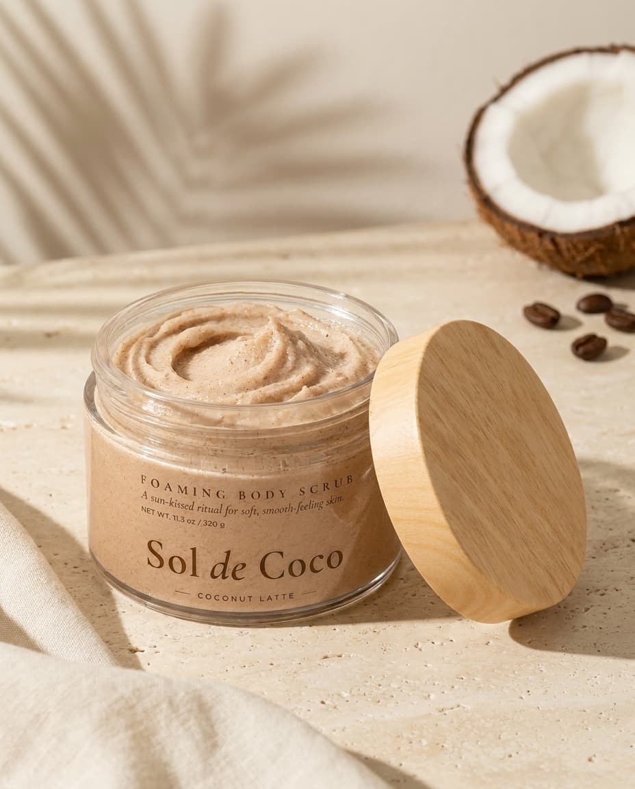 An open jar of Sol de Coco Coconut Latte with its bamboo lid resting against it, on travertine with cream linen and half a coconut.