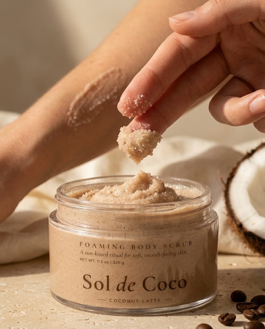 A hand lifting a fingerful of Sol de Coco Coconut Latte from the open jar, with a swatch of scrub on the forearm behind.