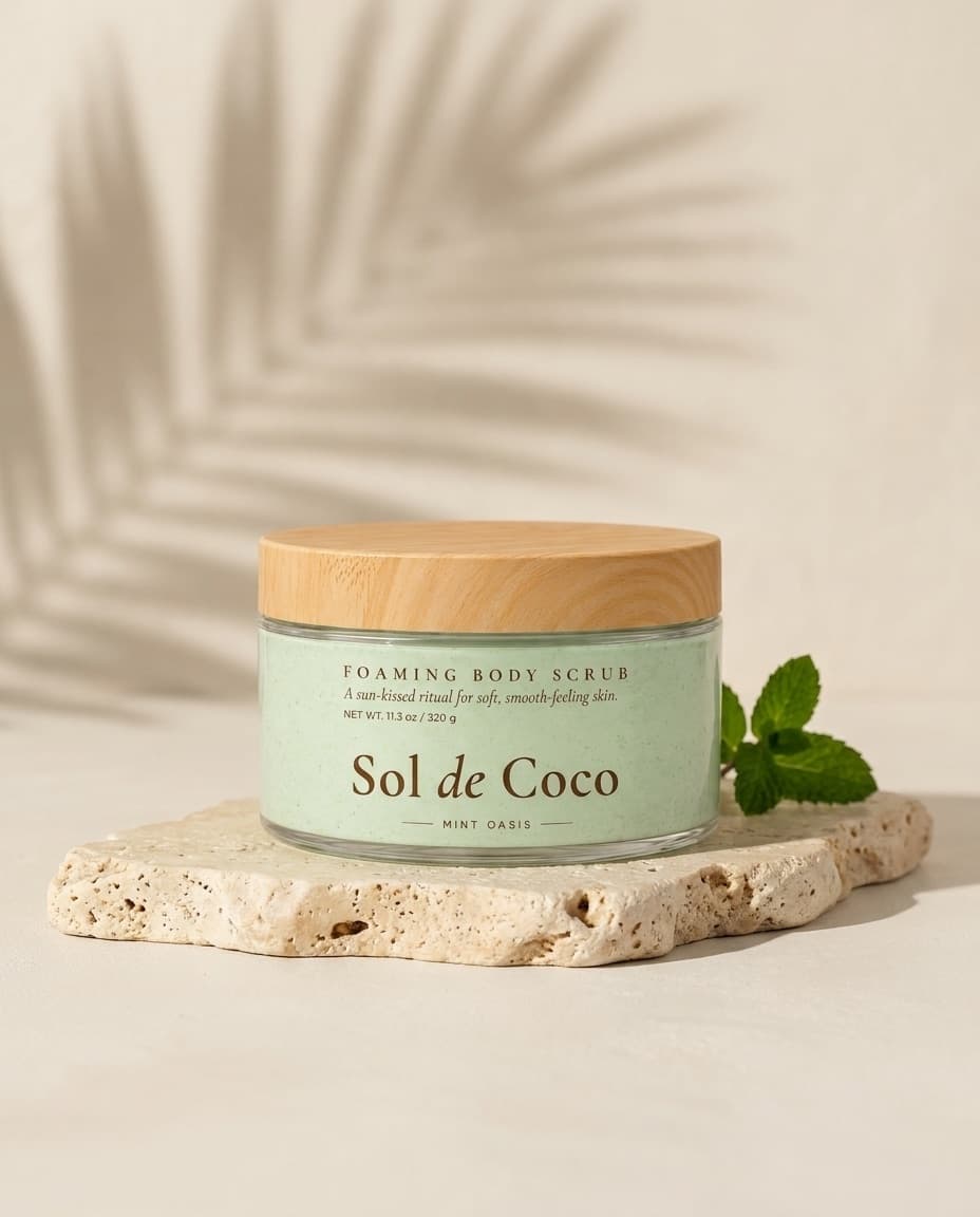 A closed jar of Sol de Coco Mint Oasis with its bamboo lid, on a travertine slab beside half a coconut, with a palm shadow across the wall behind.