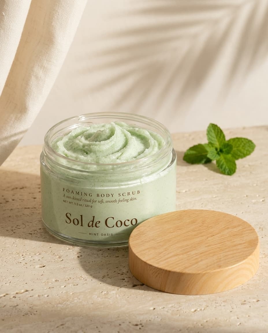 An open jar of Sol de Coco Mint Oasis with its bamboo lid resting against it, on travertine with cream linen and half a coconut.