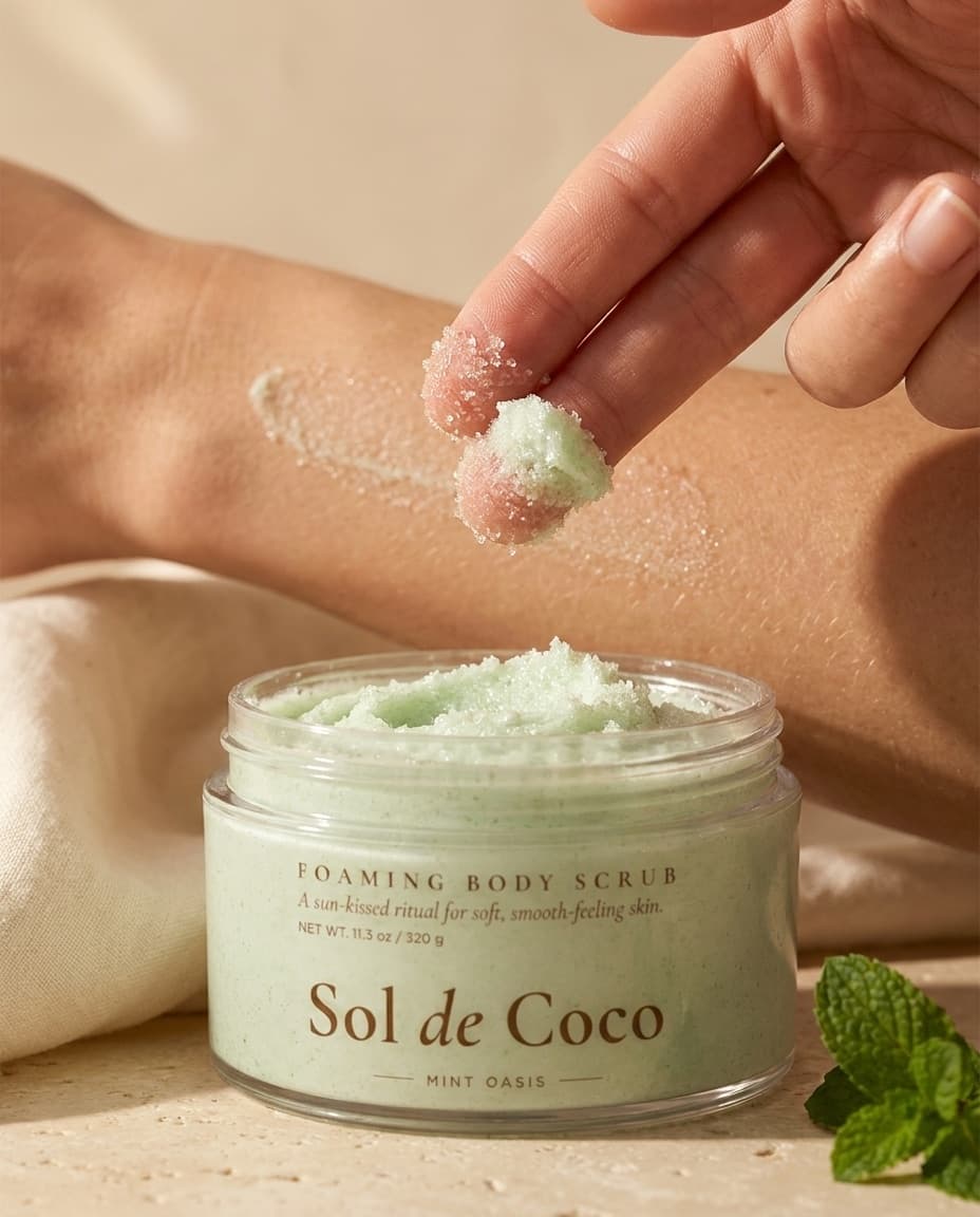 A hand lifting a fingerful of Sol de Coco Mint Oasis from the open jar, with a swatch of scrub on the forearm behind.