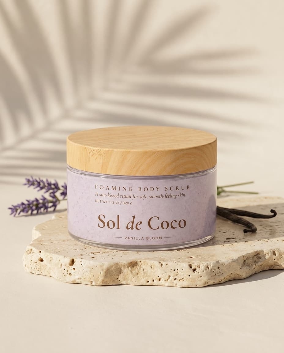 A closed jar of Sol de Coco Vanilla Bloom with its bamboo lid, on a travertine slab beside half a coconut, with a palm shadow across the wall behind.