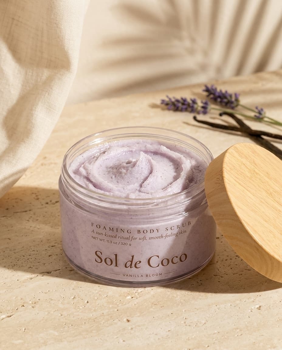 An open jar of Sol de Coco Vanilla Bloom with its bamboo lid resting against it, on travertine with cream linen and half a coconut.