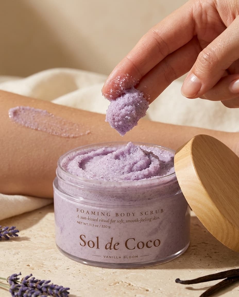 A hand lifting a fingerful of Sol de Coco Vanilla Bloom from the open jar, with a swatch of scrub on the forearm behind.