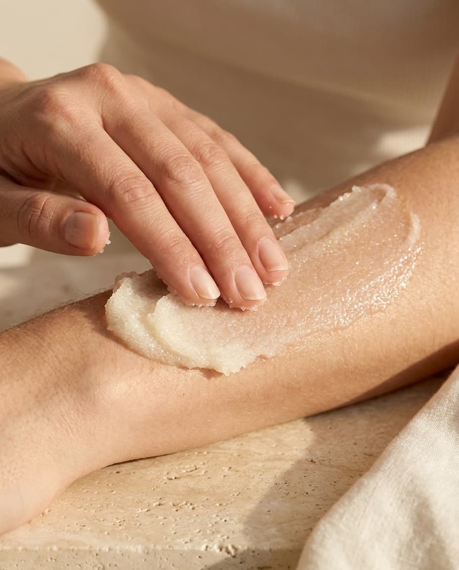 A hand massaging whipped sugar scrub along a forearm in slow circles, resting on travertine in warm side light.