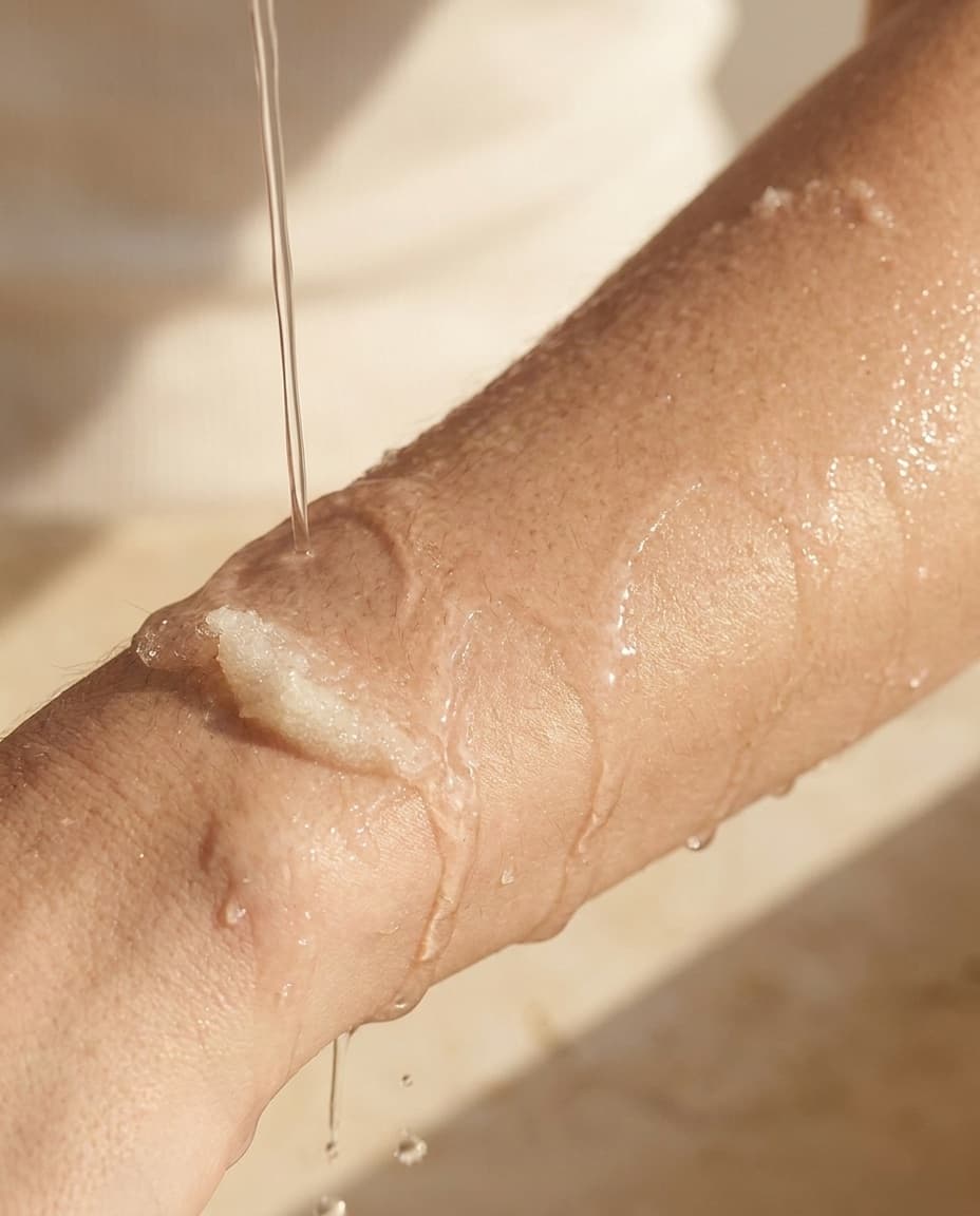 A fine stream of warm water rinsing scrub from a forearm, the last sugar dissolving and droplets catching the light.