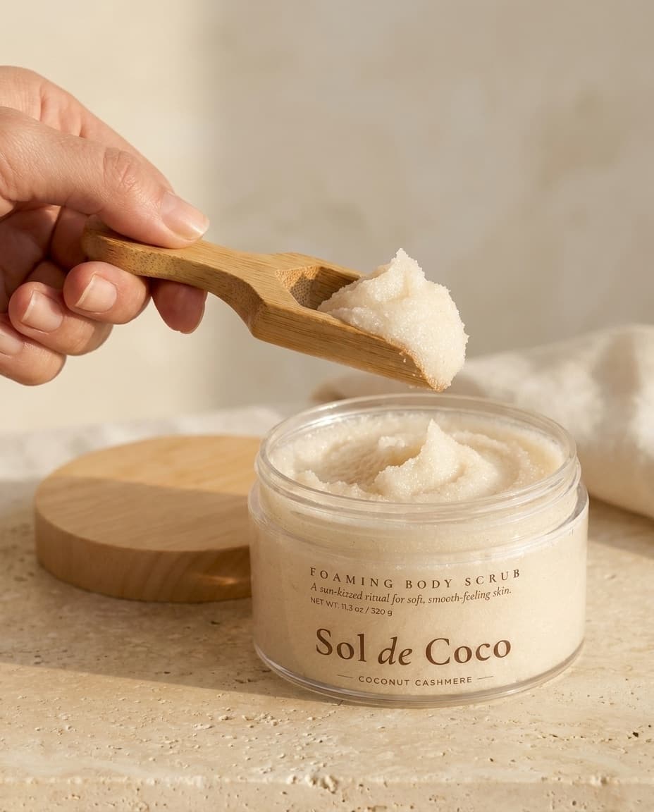 A hand lifting a heaped bamboo scoop of whipped sugar scrub from an open jar, with the wooden lid resting beside it.