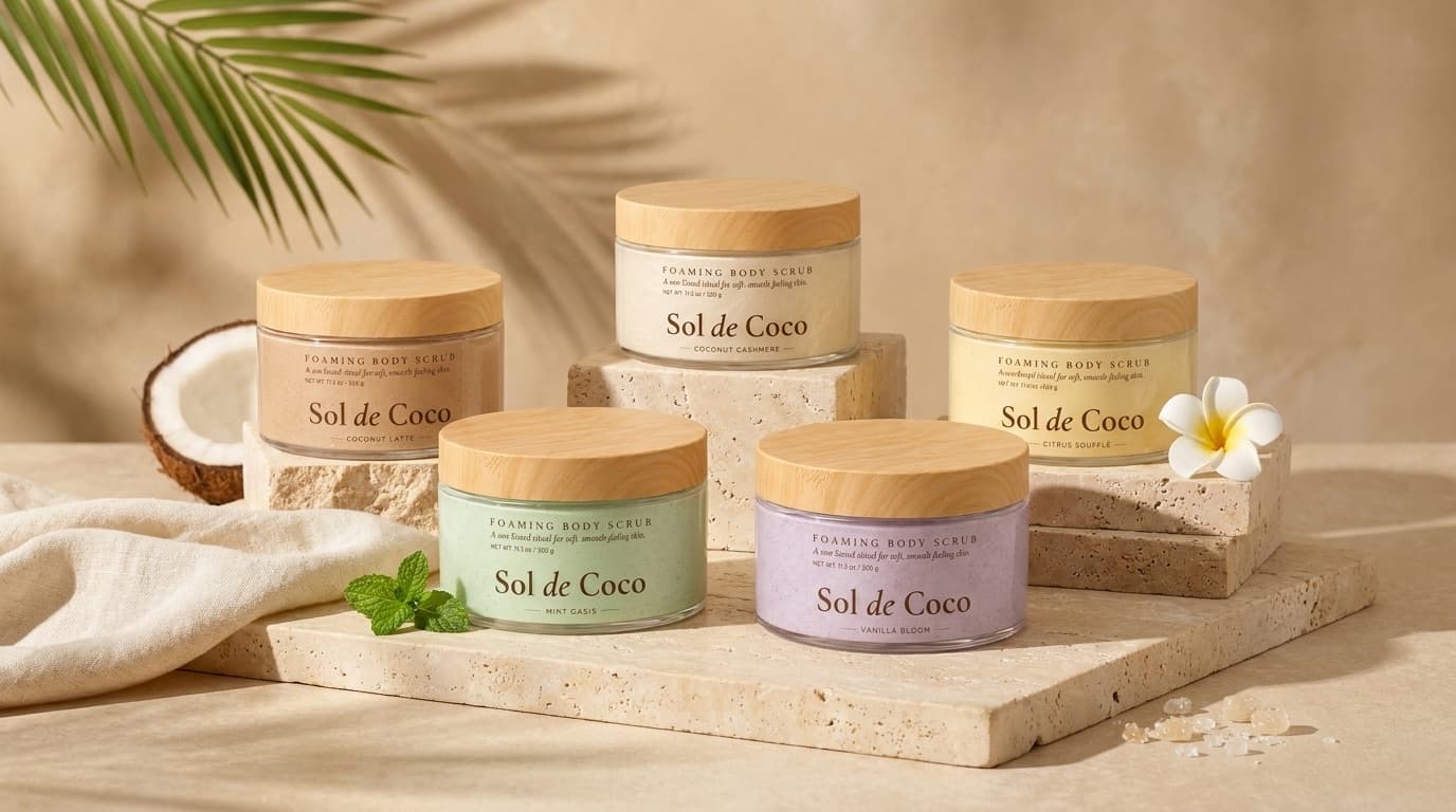 All five Sol de Coco scrubs with bamboo lids, arranged across travertine blocks with a palm frond, half a coconut, mint and a frangipani flower.