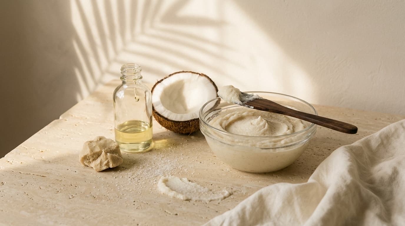 A glass bowl of freshly whipped scrub with a wooden spoon, beside a bottle of oil, half a coconut and a piece of shea butter on travertine.